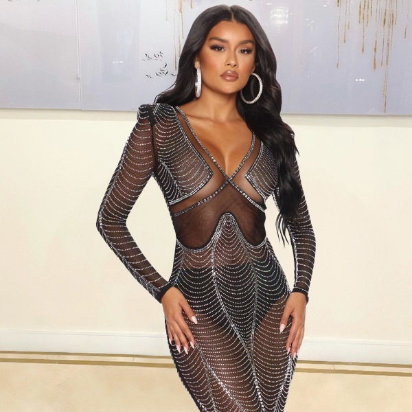 Women's Fashion Sexy Mesh Perspective Nightclub Hot Diamond Long Dress