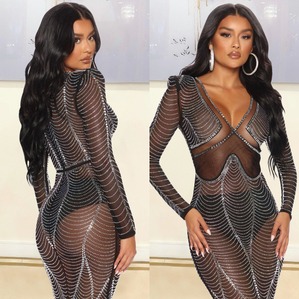Women's Fashion Sexy Mesh Perspective Nightclub Hot Diamond Long Dress