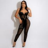 Ladies Fashion Sexy Skinny Gold Velvet Sleeveless Jumpsuit