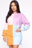 Hip Dress Long Sleeve Round Neck Patchwork Color Dress