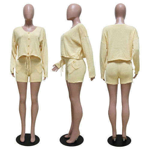 V-neck pullover sweater shorts two-piece set