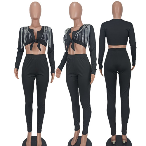 Fashion Casual Fringe Show Waist Solid Color Suit