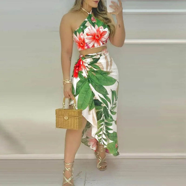 Women's Sexy Halter Tank Top High Waist Skirt Two Piece Suit