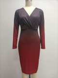 Gradient Slim Fit Long Sleeve Sexy Deep V Neck Hip Dress