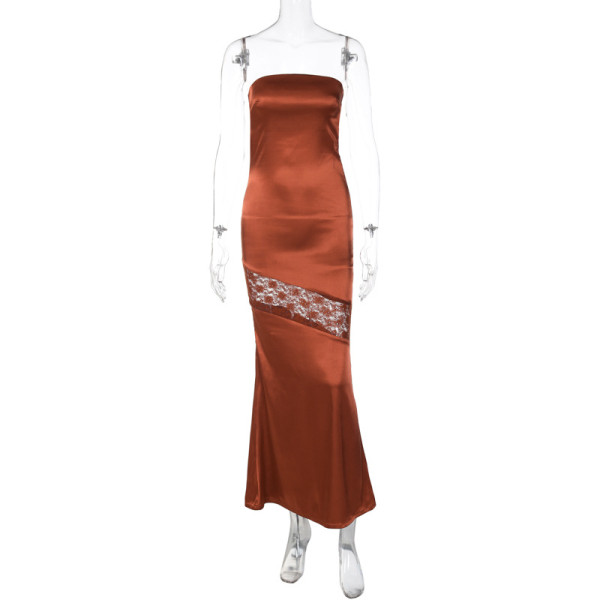 Solid color sexy backless hollow stitching temperament slim tube top dress