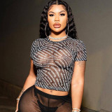 Round Neck Mesh Sheer Sexy Digital Print Cropped T-Shirt