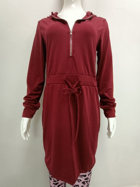 Women's Solid Zip Long Sleeve Hooded Tunic Dress