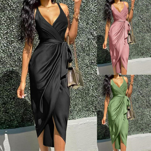 Women's Solid Color Sexy Sling Slim Belt Irregular Dress