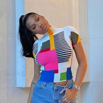 Street hipster half turtleneck women's short sleeve geometric print slim fit T-shirt