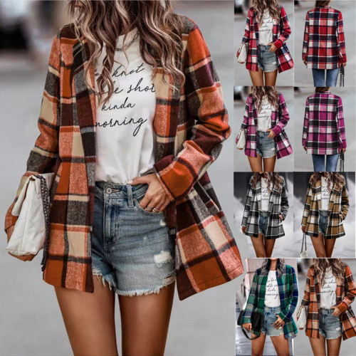 Women's Loose Check Print Long Sleeve Pocket Wool Jacket Cardigan Top
