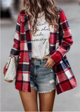 Women's Loose Check Print Long Sleeve Pocket Wool Jacket Cardigan Top