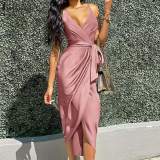 Women's Solid Color Sexy Sling Slim Belt Irregular Dress