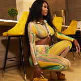 Printed Shirt Collar Short Long Sleeve Top High Waist Leggings Fashion Two Piece Set