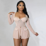 Fashion Sexy Mesh See-Through Square Neck Stitching Long Sleeve Two-piece Set