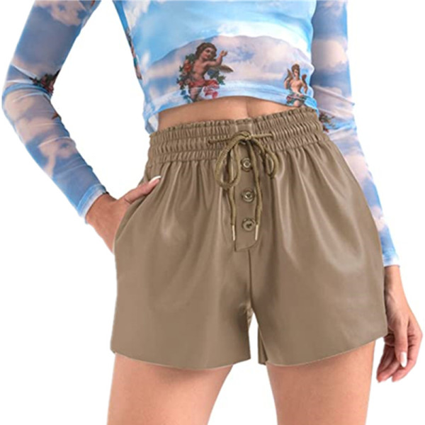 Women's Shorts Casual Loose Drawstring Four Seasons Wear PU Elastic Leather Pants