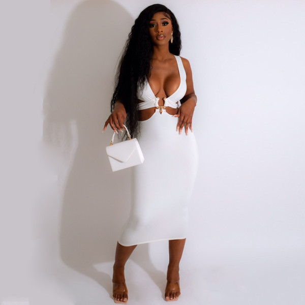 Solid Color Cutout Low Cut Vest Sexy Tight Dress