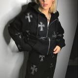 Loose top cross ironing zipper hooded sweater