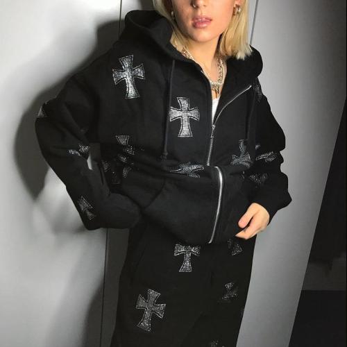 Loose top cross ironing zipper hooded sweater