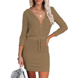 Women's Solid Zip Long Sleeve Hooded Tunic Dress