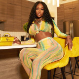 Printed Shirt Collar Short Long Sleeve Top High Waist Leggings Fashion Two Piece Set