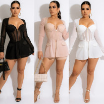 Fashion Sexy Mesh See-Through Square Neck Stitching Long Sleeve Two-piece Set Fashion Sexy Mesh See-Through Square Neck Stitching Long Sleeve Two-piece Set