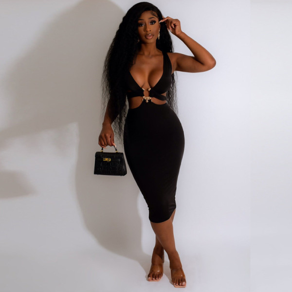 Solid Color Cutout Low Cut Vest Sexy Tight Dress