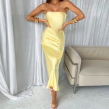 Solid color sexy backless hollow stitching temperament slim tube top dress