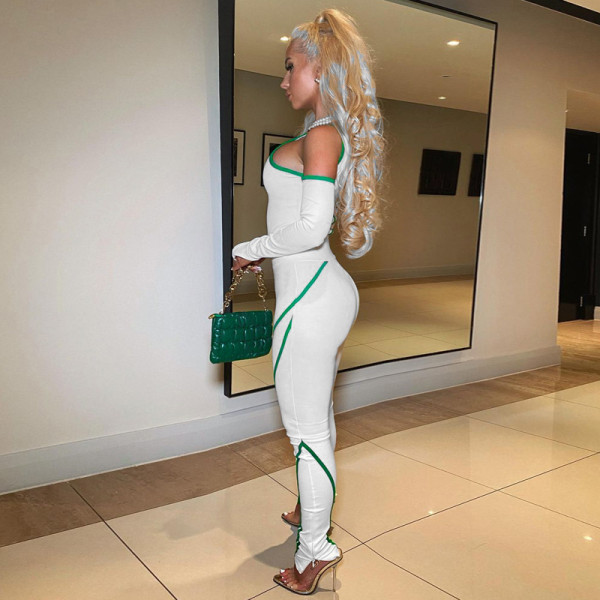 Contrast-paneled long-sleeve off-the-shoulder jumpsuit slim-fit trousers two-piece