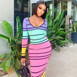 U-neck contrast color panel maxi lace-up backless slim dress