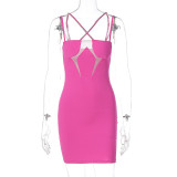Sexy openwork mesh stitching suspenders and diamonds package hip dress