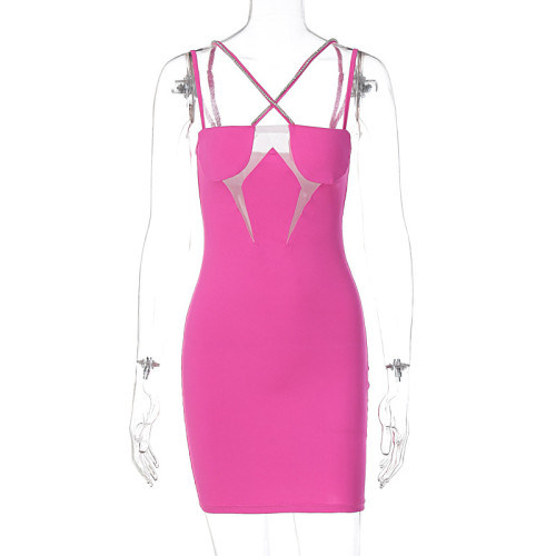 Sexy openwork mesh stitching suspenders and diamonds package hip dress