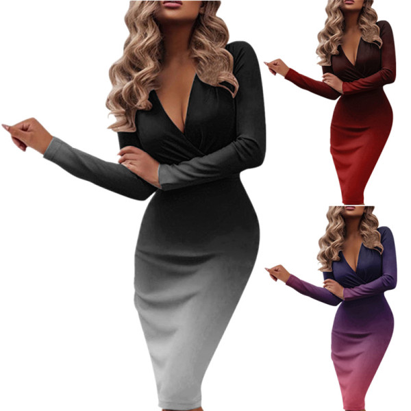 Gradient Slim Fit Long Sleeve Sexy Deep V Neck Hip Dress