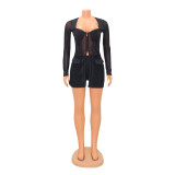 Fashion Sexy Mesh See-Through Square Neck Stitching Long Sleeve Two-piece Set