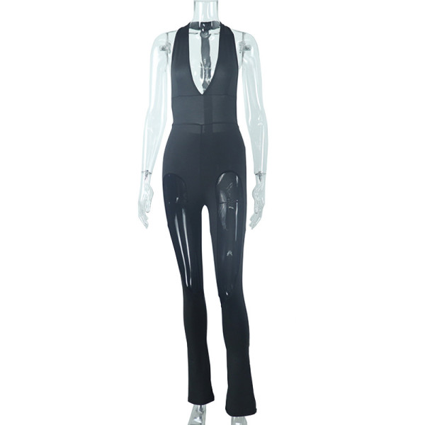 Solid Color Halter Sexy V-Neck Mesh Panel Bodysuit
