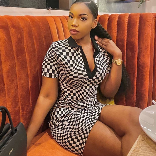 Polo collar black and white plaid print contrast color hip dress