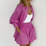 Women's Solid Color Single Breasted Long Sleeve Shirt Shorts Loose Fashion Casual Suit