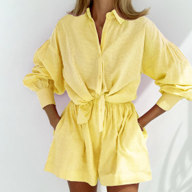 Women's Solid Color Single Breasted Long Sleeve Shirt Shorts Loose Fashion Casual Suit