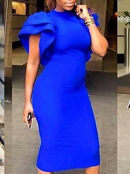 Design sense niche solid color bell sleeves open back elastic party banquet evening dress dress