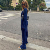 Long Sleeve T-Shirt Two Piece Slim Fit Blue Pleated Wide Leg Pants Set