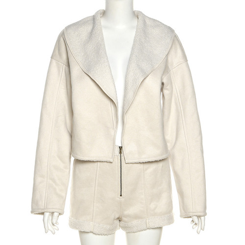 Women's Fashion Lapel Long Sleeve Short Jacket Slim High Waist Shorts Suit