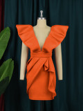 Sexy V Neck Roll Ruffle Sleeves Irregular Banquet Party Short Evening Dress
