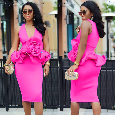 V-Neck Skinny Sexy Ruffle Sleeveless Floral Slim Fit Lady Party Evening Dress
