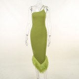 One-shoulder halterneck fur hem dress autumn sexy women's temperament commuter slim dress