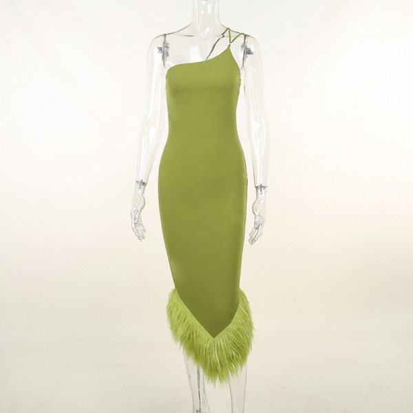 One-shoulder halterneck fur hem dress autumn sexy women's temperament commuter slim dress