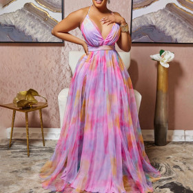 Plus Size V Neck Print Sexy Banquet Evening Dress Slim Long Dress Dress
