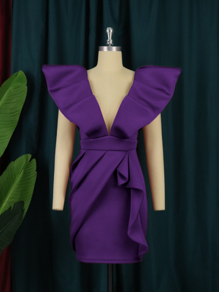 Sexy V Neck Roll Ruffle Sleeves Irregular Banquet Party Short Evening Dress