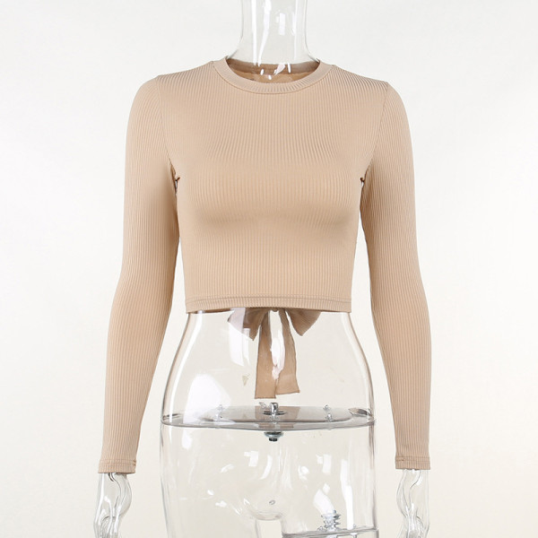 Backless Tie Long Sleeve Threaded Top Casual Women's Temperament Commuter Cropped Navel T-Shirt
