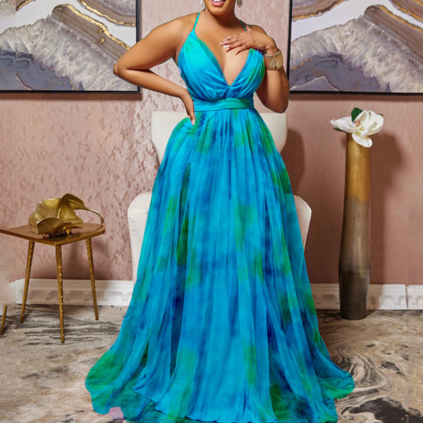 Plus Size V Neck Print Sexy Banquet Evening Dress Slim Long Dress Dress