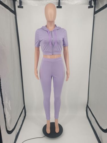 Fashion Sports Solid Color Short Sleeve Hooded Two Piece Set
