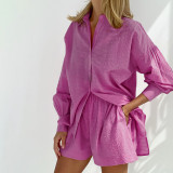 Women's Solid Color Single Breasted Long Sleeve Shirt Shorts Loose Fashion Casual Suit